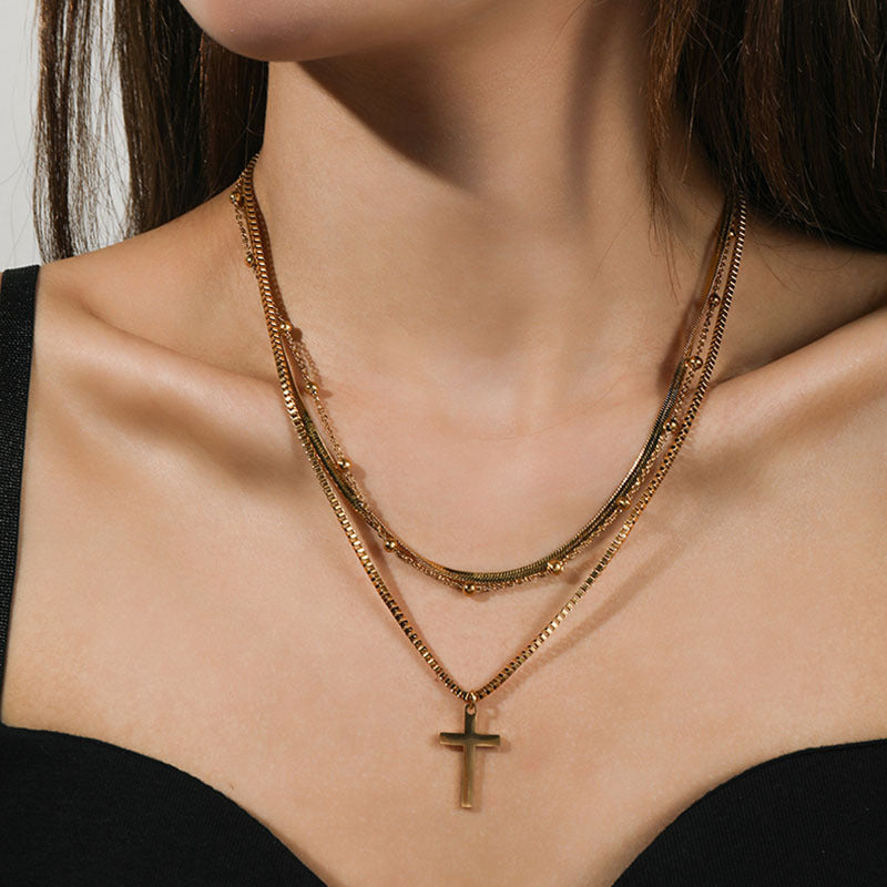 Cross snake bone three-layer  stacked necklace