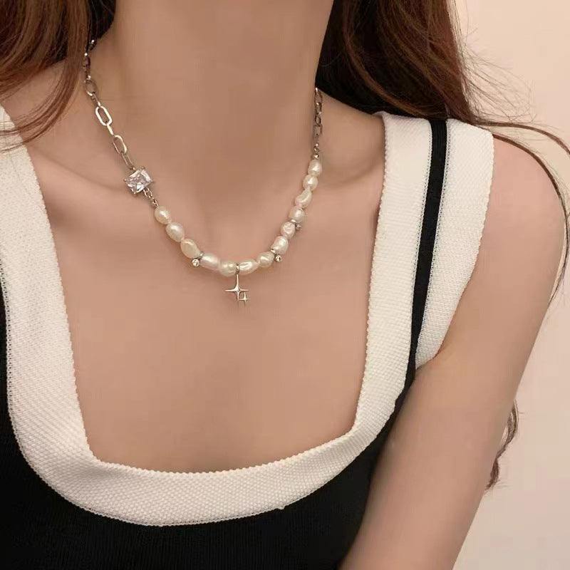 Irregular clavicle chain pearl zircon star necklace