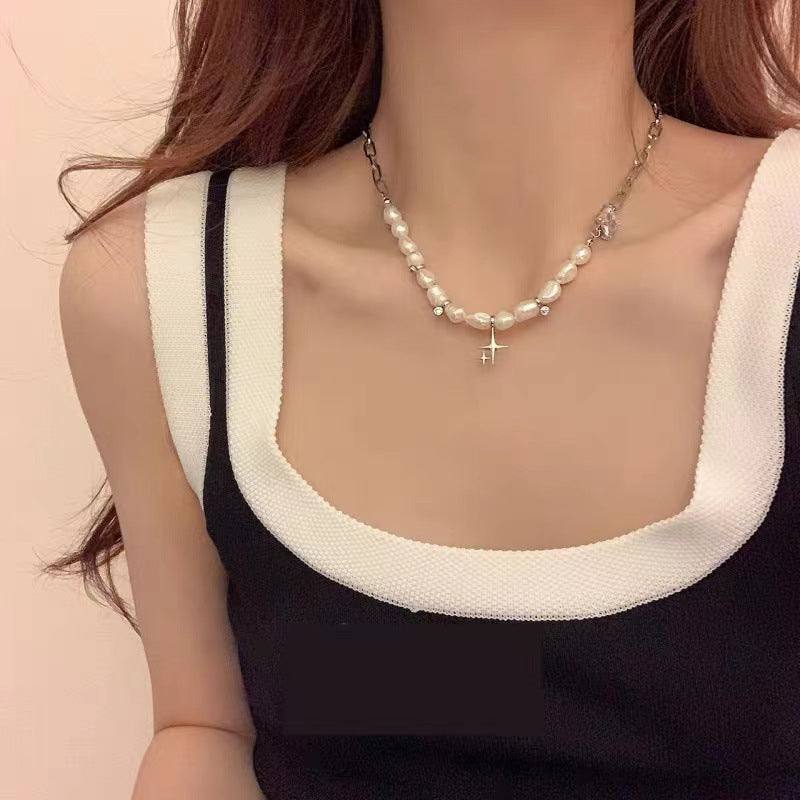 Irregular clavicle chain pearl zircon star necklace