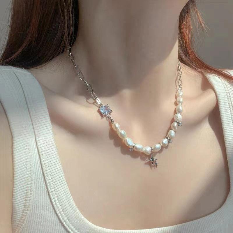 Irregular clavicle chain pearl zircon star necklace