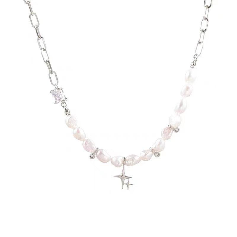 Irregular clavicle chain pearl zircon star necklace