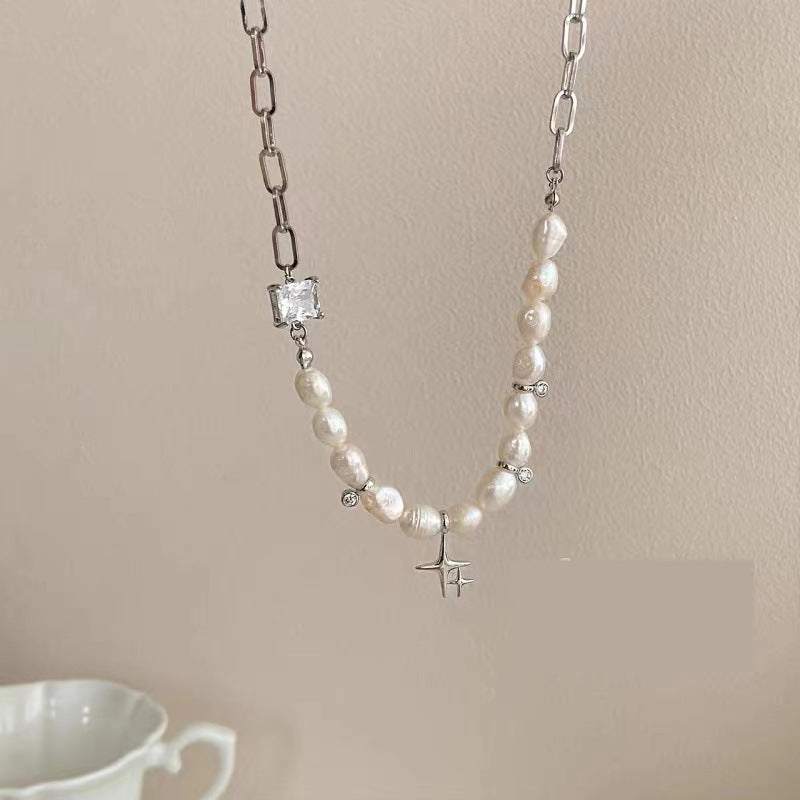 Irregular clavicle chain pearl zircon star necklace