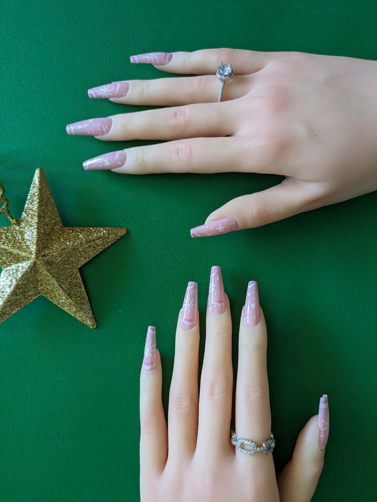 Santa Series Four-Pink Snow with Star Press On Nails