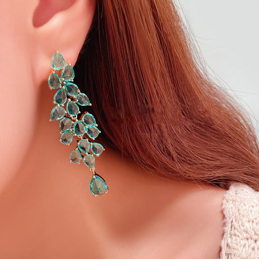 Green Diamond Leaf Tassel Earrings