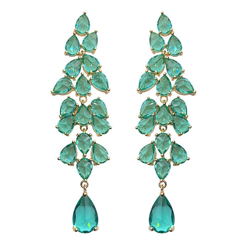 Green Diamond Leaf Tassel Earrings