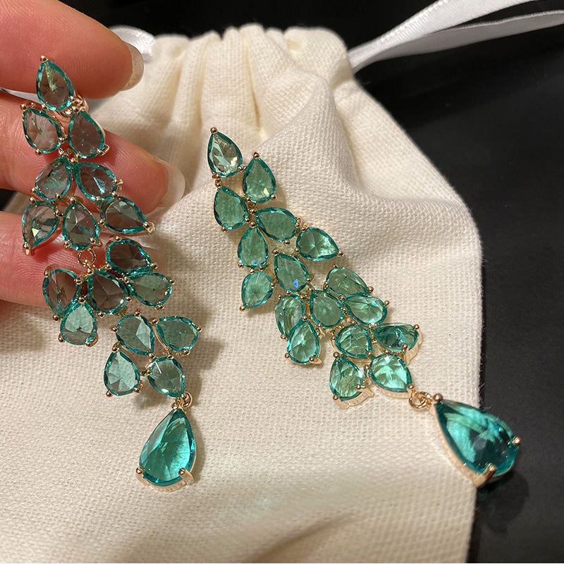 Green Diamond Leaf Tassel Earrings