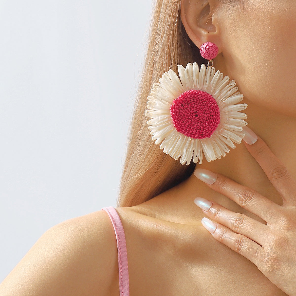 Bohemian Braided Pink Floral Earrings