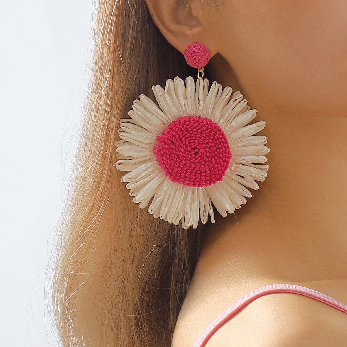 Bohemian Braided Pink Floral Earrings