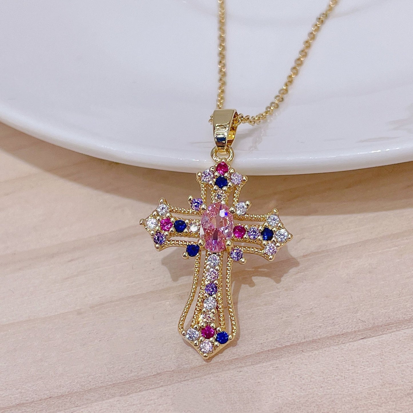 Retro Punk Colorful Zircon Cross Necklace