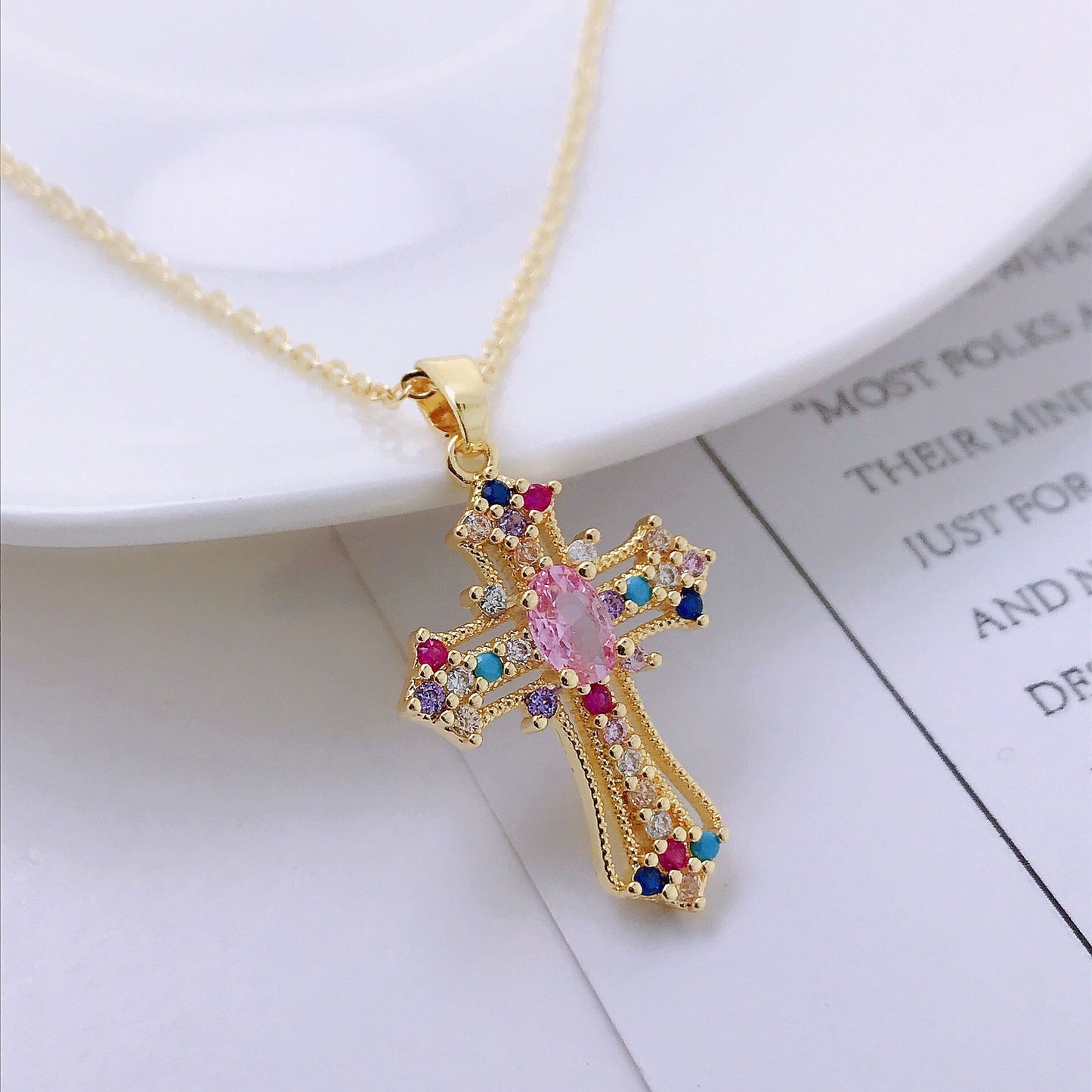 Retro Punk Colorful Zircon Cross Necklace